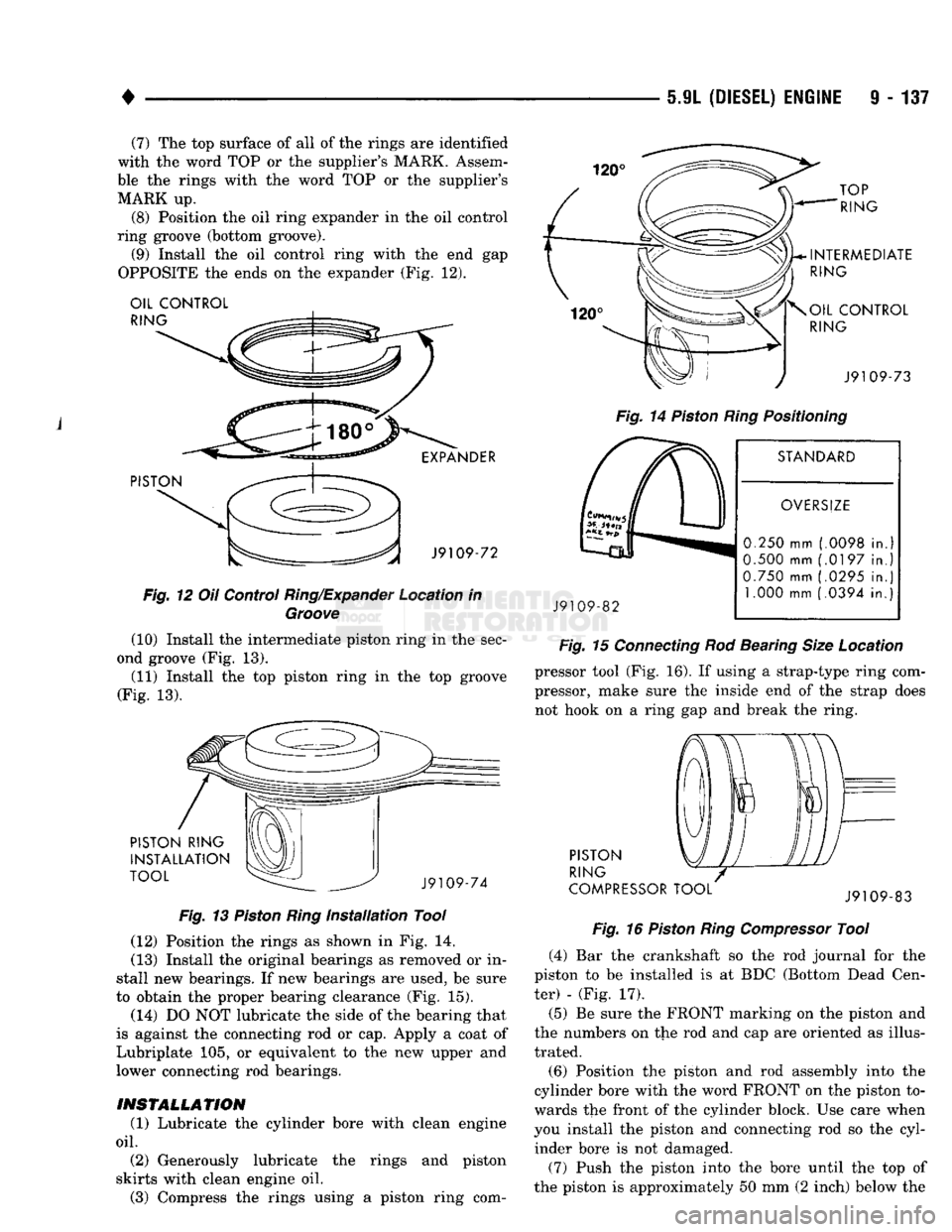 DODGE TRUCK 1993  Service Repair Manual 
• 

5.9L (DIESEL) ENGINE
 9 - 137 (7) The top surface of all of the rings are identified 
with the word TOP or the supplier's MARK. Assem­
ble the rings with the word TOP or the supplier's