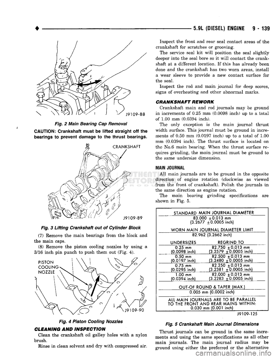 DODGE TRUCK 1993  Service Repair Manual 
• 

5.9L
 (DIESEL) ENGINE 9 - 139 

Fig.
 2 Main Beating Cap
 Removal 
 CAUTION:
 Crankshaft must be
 lifted
 straight
 off the 

bearings
 to
 prevent
 damage
 to the
 thrust
 bearings. 

Fig.
 3 