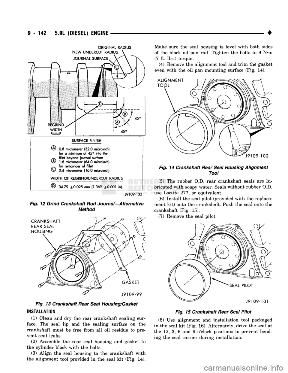 DODGE TRUCK 1993  Service Repair Manual 
9
 - 142 5.9L
 (DIESEL)
 ENGINE 

• 

ORIGINAL
 RADIUS 

SURFACE
 FINISH 

®
 0.3
 micrometer
 (32.0
 microinch) 
 for a
 minimum
 of
 45° into the 
^ fillet
 beyond
 journal
 surface 

v§/
 1.6