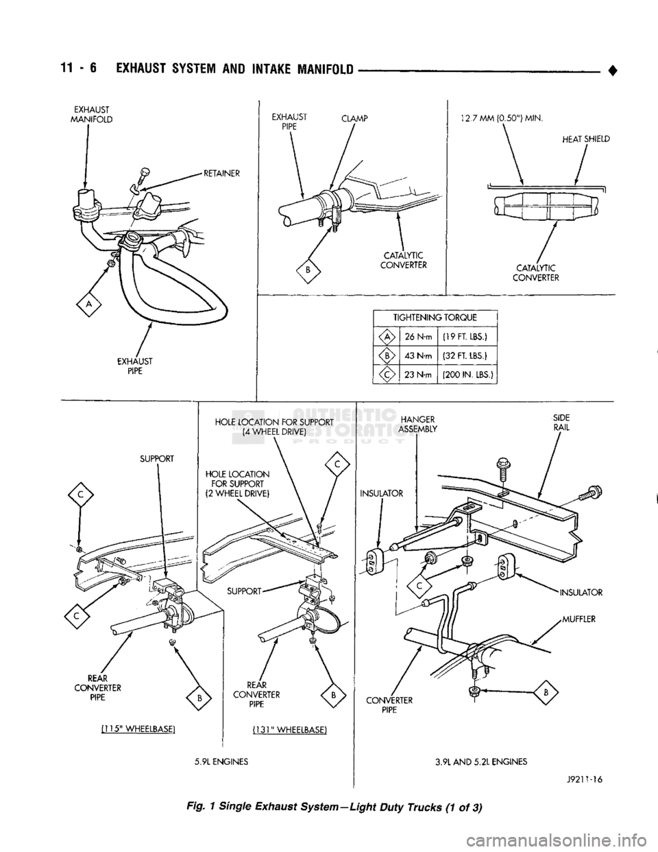 DODGE TRUCK 1993  Service Repair Manual 
11
 - 6
 EXHAUST
 SYSTEM
 AID
 INTAKE MANIFOLD 

• 

HOLE LOCATION FOR SUPPORT  (4 WHEEL DRIVE) 

REAR 
CONVERTER  PIPE 

(115"
 WHEELBASE1 
 (131"
 WHEELBASE) 

5.9L
 ENGINES 
 HANGER 

AS