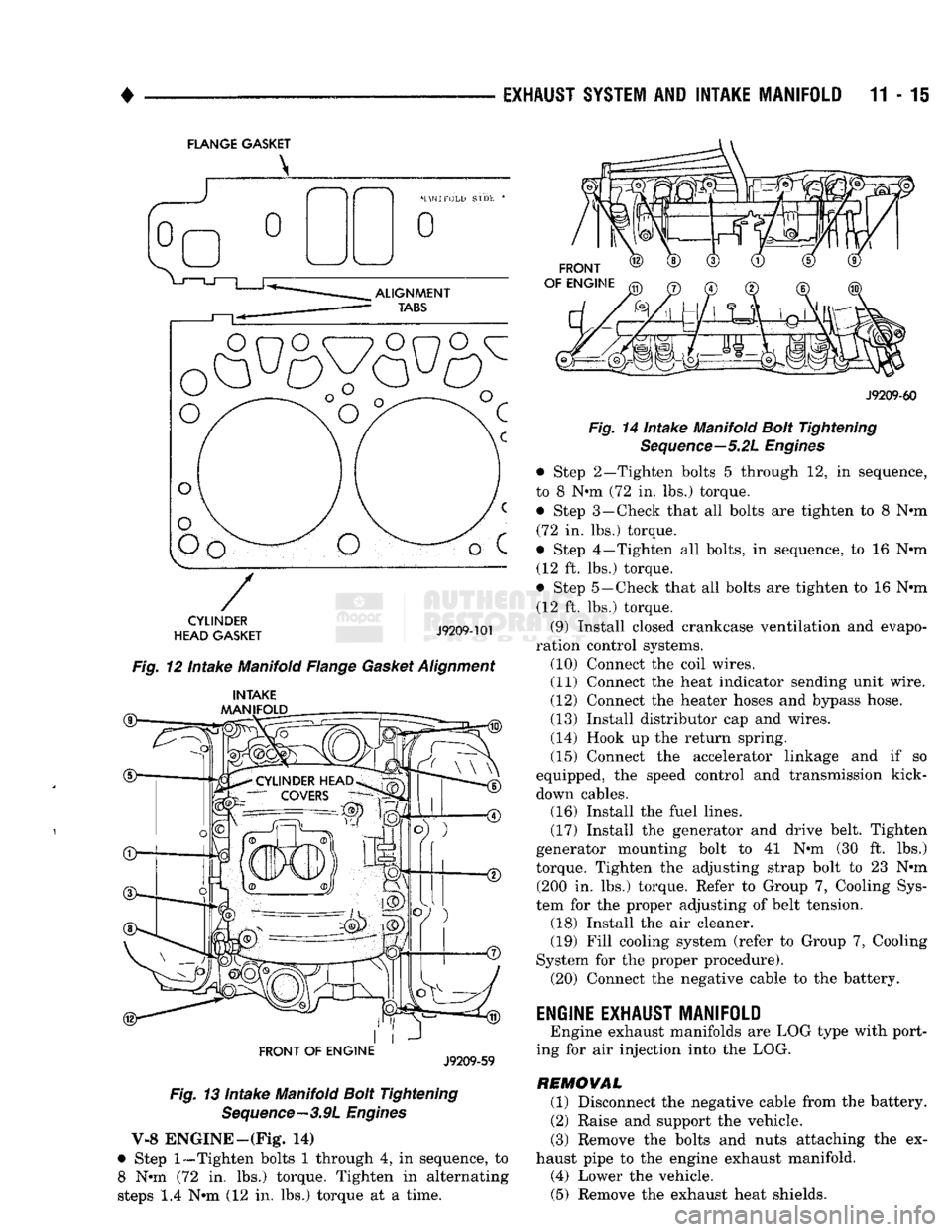 DODGE TRUCK 1993 Service Repair Manual
EXHAUST SYSTEM
AND
INTAKE MANIFOLD
11-15
FLANGE GASKET
o
o
CYLINDER
HEAD GASKET
J9209-101
Fig. 12 Intake Manifold Flange Gasket Alignment
®— INTAKE
MANIFOLD
FRONT OF
ENGI DODGE TRUCK 1993 Service Repair Manual
EXHAUST SYSTEM
AND
INTAKE MANIFOLD
11-15
FLANGE GASKET
o
o
CYLINDER
HEAD GASKET
J9209-101
Fig. 12 Intake Manifold Flange Gasket Alignment
®— INTAKE
MANIFOLD
FRONT OF
ENGI