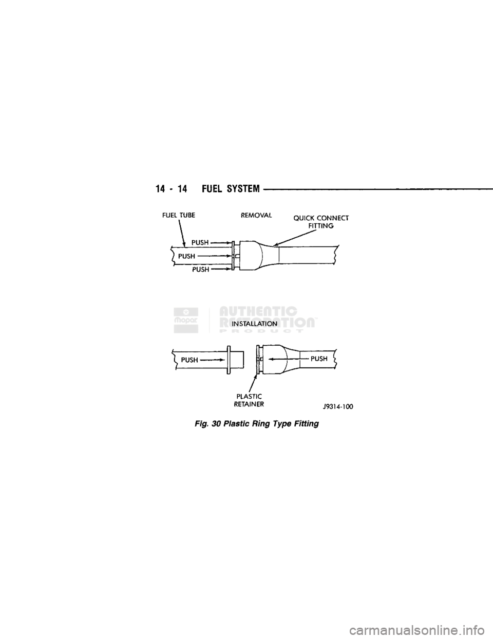 DODGE TRUCK 1993 Service Repair Manual
14 - 14
FUEL
SYSTEM
FUEL TUBE
REMOVAL
QUICK CONNECT
FITTING
PUSH
INSTALLATION
^ PUSH
»-
/
PLASTIC
RETAINER
J93U-100
Fig.
30 Plastic
Ring
Type Fitting
•PUSH DODGE TRUCK 1993 Service Repair Manual
14 - 14
FUEL
SYSTEM
FUEL TUBE
REMOVAL
QUICK CONNECT
FITTING
PUSH
INSTALLATION
^ PUSH
»-
/
PLASTIC
RETAINER
J93U-100
Fig.
30 Plastic
Ring
Type Fitting
•PUSH