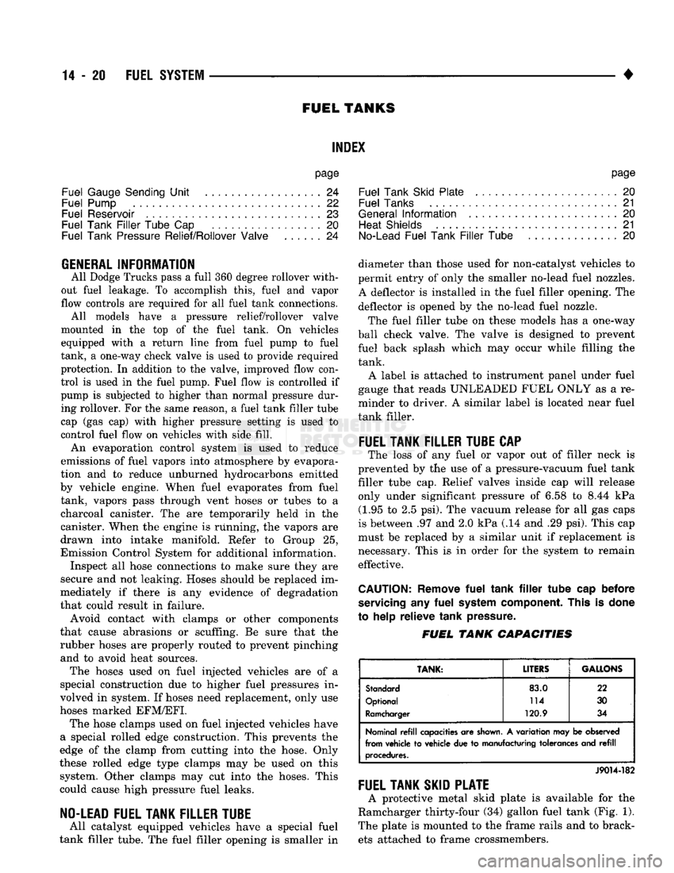 DODGE TRUCK 1993 Service Repair Manual
14-20 FUEL
SYSTEM
•
FUEL
TANKS
INDEX
page
Fuel Gauge Sending
Unit
24
Fuel Pump
22
Fuel Reservoir
23
Fuel Tank
Filler
Tube
Cap 20
Fuel Tank Pressure Relief/Rollover Valve
. DODGE TRUCK 1993 Service Repair Manual
14-20 FUEL
SYSTEM
•
FUEL
TANKS
INDEX
page
Fuel Gauge Sending
Unit
24
Fuel Pump
22
Fuel Reservoir
23
Fuel Tank
Filler
Tube
Cap 20
Fuel Tank Pressure Relief/Rollover Valve
.