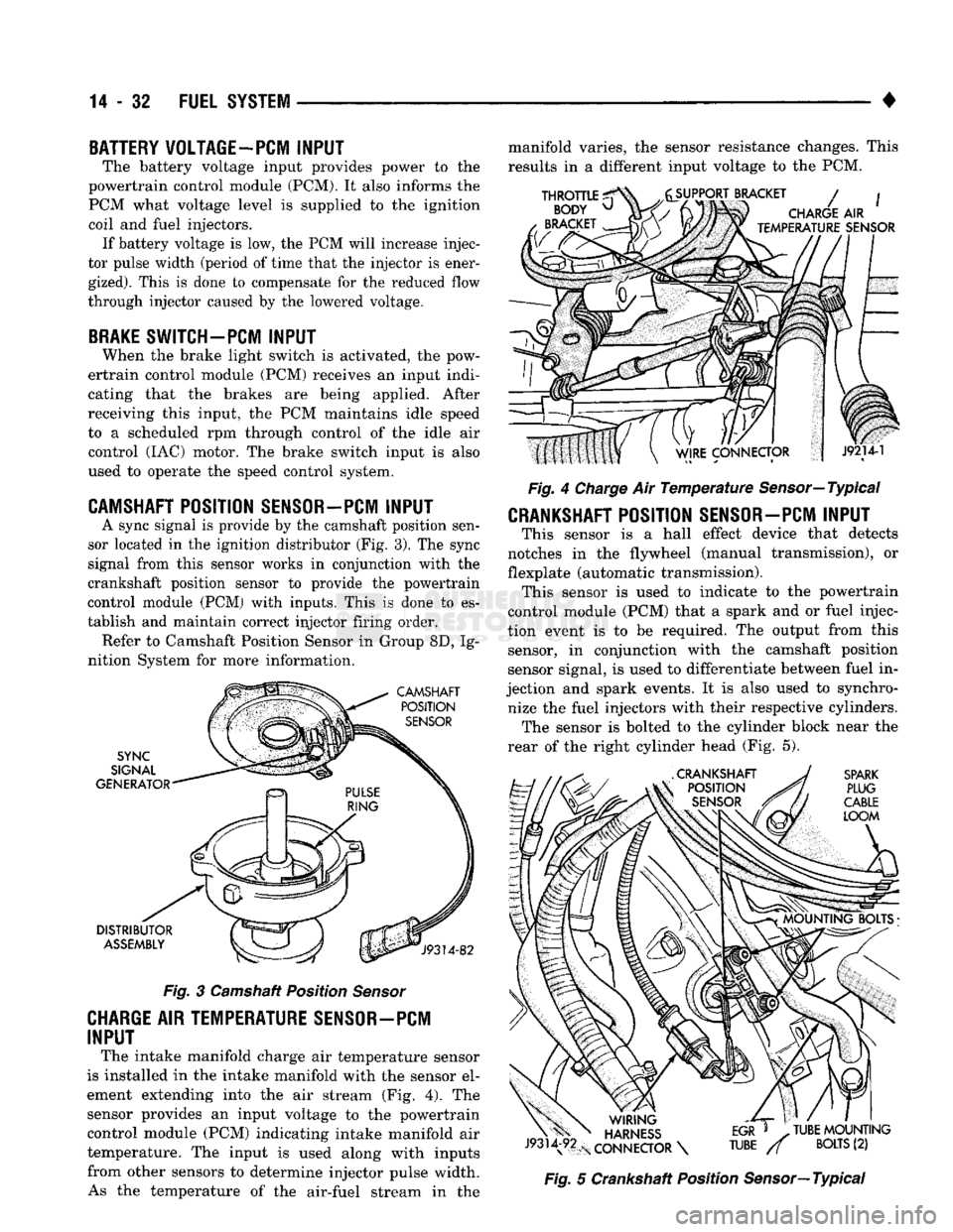 DODGE TRUCK 1993  Service Repair Manual 
14
 - 32
 FUEL SYSTEM 

• 
BATTERY VOLTAGE—PCM
 INPUT 

The battery voltage input provides power
 to the 

powertrain control module (PCM).
 It
 also informs
 the 

PCM what voltage level
 is
 su