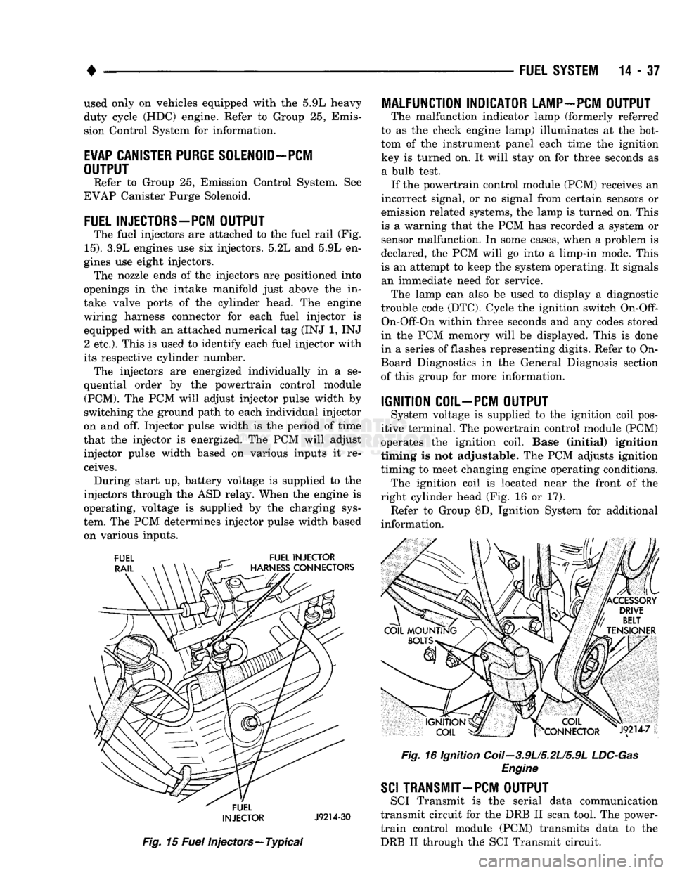 DODGE TRUCK 1993  Service Repair Manual 
• 

FUEL SYSTEM
 14 - 37 used only on vehicles equipped with the 5.9L heavy 
duty cycle (HDC) engine. Refer to Group 25, Emis­
sion Control System for information. 

EVAP CANISTER PURGE SOLENOID-P