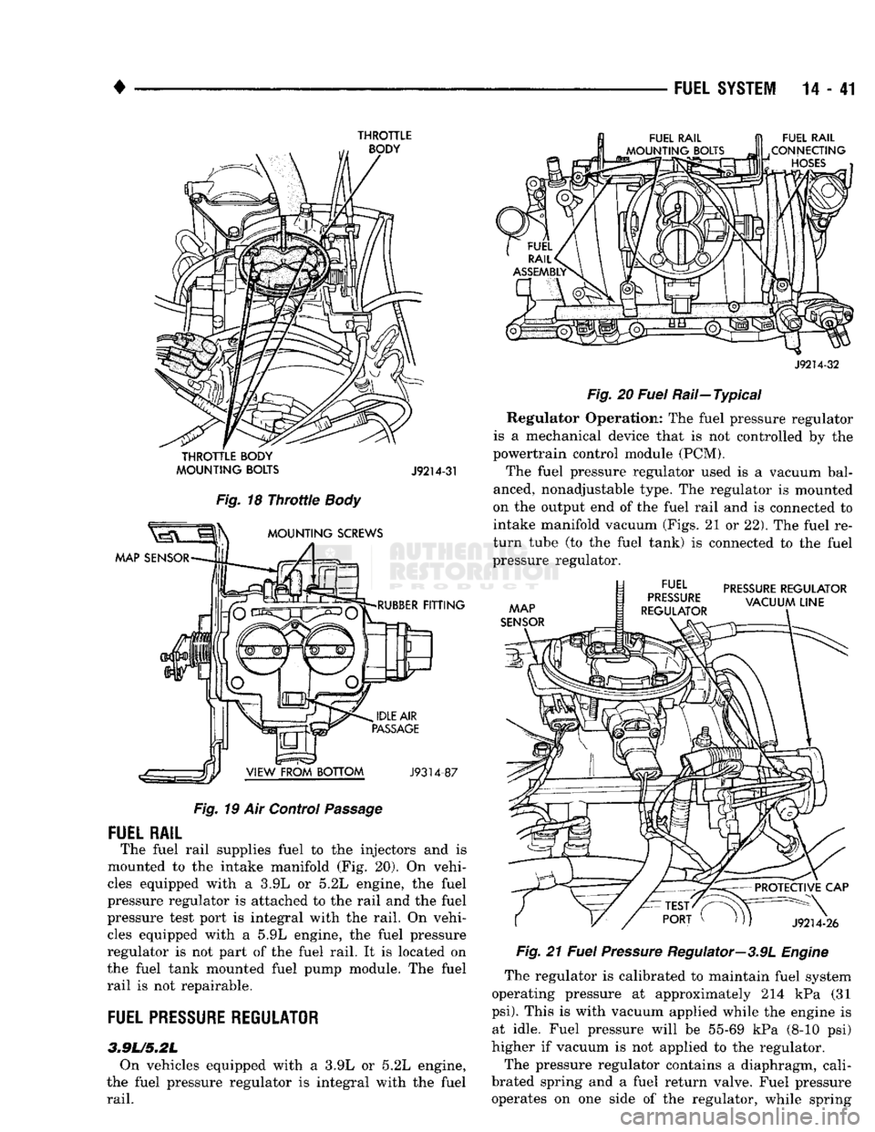 DODGE TRUCK 1993  Service Repair Manual 
• 

FUEL
 SYSTEM
 14 - 41 

THROTTLE 
 BODY 
 FUEL
 RAIL 

CONNECTING 
 HOSES 

THROTTLE
 BODY 

MOUNTING
 BOLTS 
 J9214-31 

Fig.
 18
 Throttle
 Body 
 MOUNTING
 SCREWS 

MAP
 SENSOR 

RUBBER
 FIT