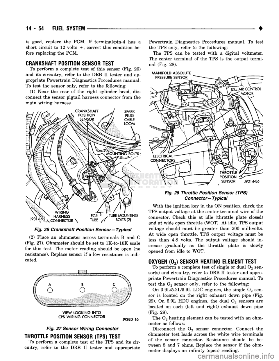 DODGE TRUCK 1993  Service Repair Manual 
14-54 FUEL SYSTEM 

• is good, replace the PCM. If terminal/pin-4 has a 
short circuit to 12 volts +, correct this condition be­
fore replacing the PCM. 

CRANKSHAFT POSITION SENSOR TEST 
 To perf