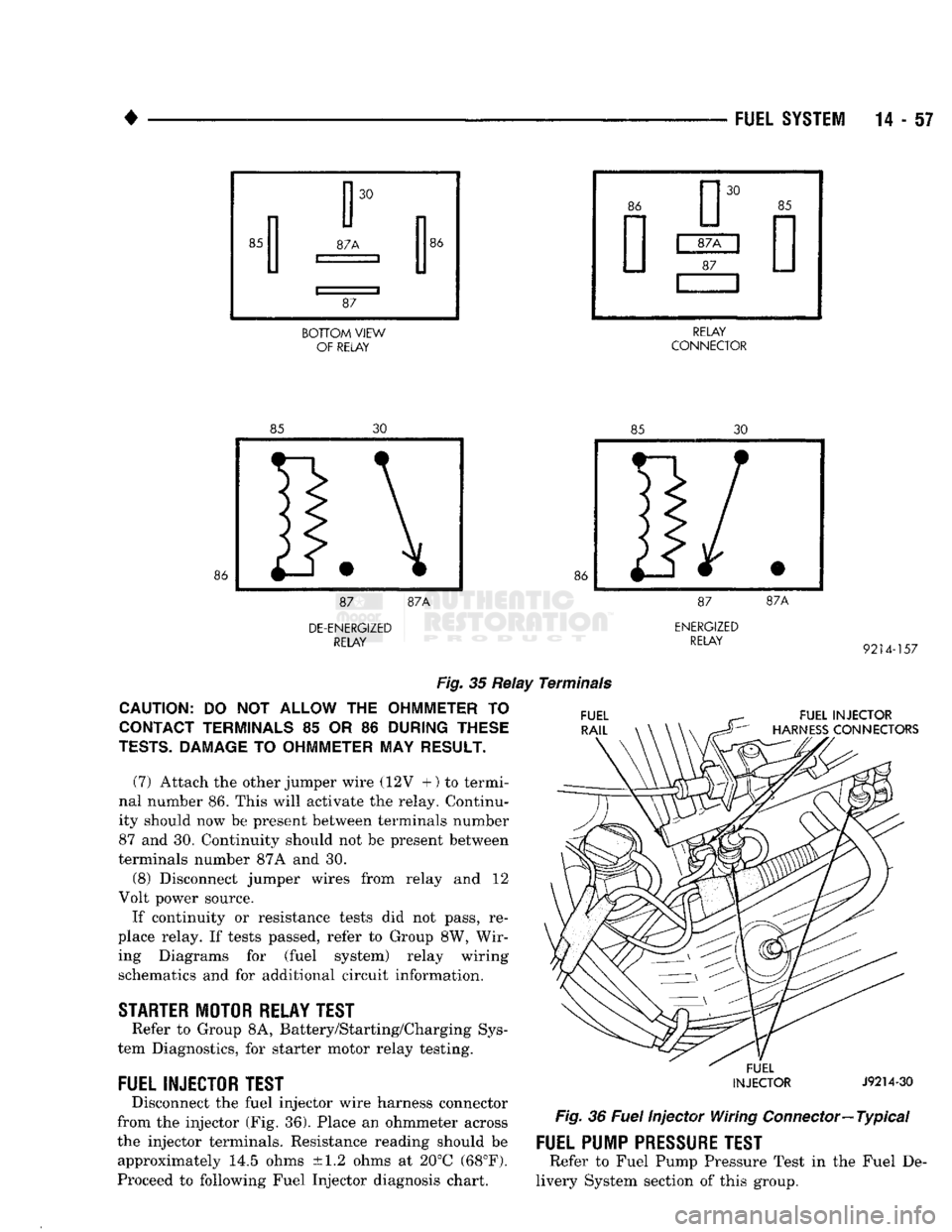 DODGE TRUCK 1993  Service Repair Manual 
• 
BOTTOM
 VIEW 

OF RELAY  RELAY 
CONNECTOR 

DE-ENERGIZED 
 RELAY 
 ENERGIZED 

RELAY 
 9214-157 

Fig.
 35 Relay Terminals 

CAUTION:
 DO NOT
 ALLOW
 THE
 OHMMETER
 TO 

CONTACT TERMINALS
 85 OR