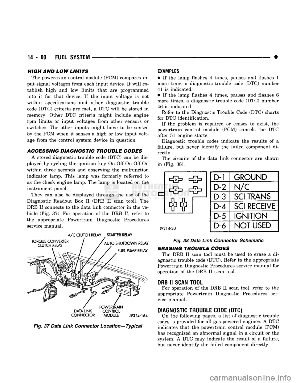 DODGE TRUCK 1993  Service Repair Manual 
14 - SO
 FUEL
 SYSTEM 

• 
HIGH
 AND LOW
 LIMITS 

The powertrain control module (PCM) compares in­
put signal voltages from each input device. It will es­
tablish high and low limits that are pr