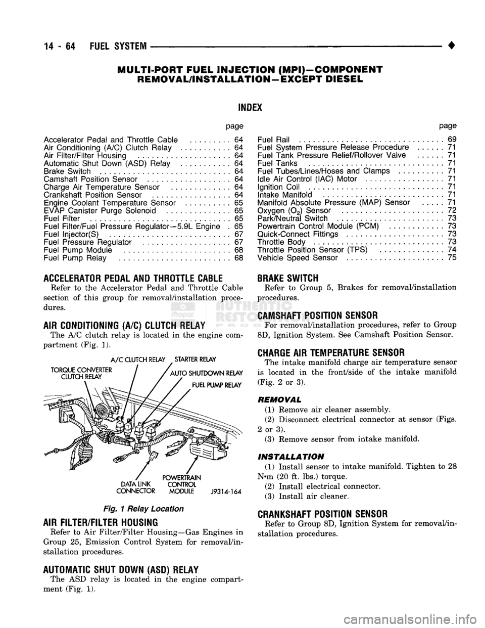 DODGE TRUCK 1993  Service Repair Manual 
MULTI-PORT
 FUEL
 INJECTION
 (MPI)-COMPONENT 

REMOVAL/INSTALLATION
 —EXCEPT DIESEL 

INDEX 

page 

Accelerator Pedal
 and Throttle
 Cable
 . 64 

Air Conditioning (A/C) Clutch Relay
 64 
 Air
 Fi