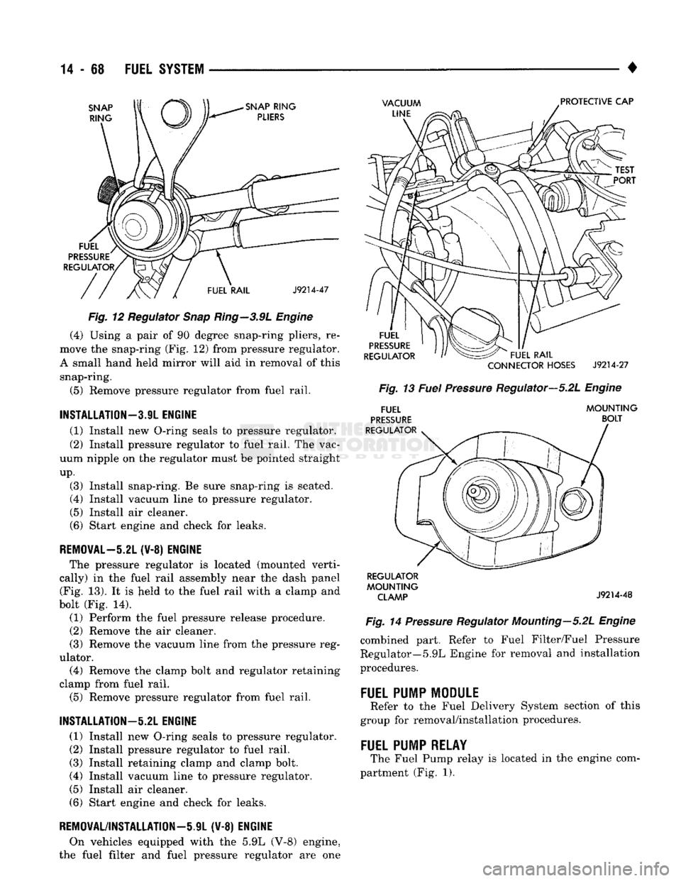 DODGE TRUCK 1993  Service Repair Manual 
14
 - 68
 FUEL
 SYSTEM 

• 

SNAP 
 RING 
 SNAP
 RING 

PLIERS 
 VACUUM 

LINE 
 PROTECTIVE CAP 
FUEL 

PRESSURE 

REGULATOR, 
FUEL RAIL 
J9214-47 

Fig. 12 Regulator Snap Ring—3.9L Engine  (4) U