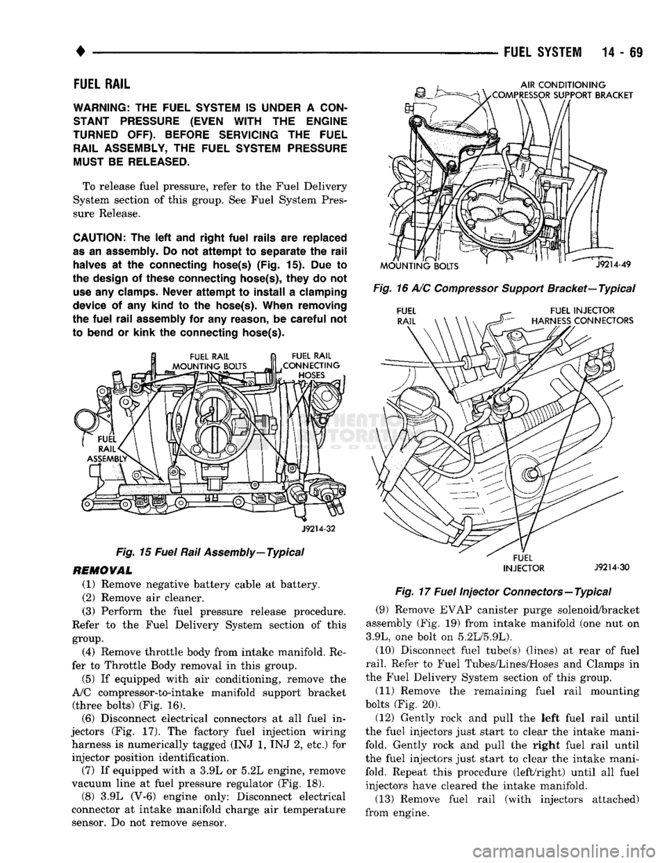 DODGE TRUCK 1993  Service Repair Manual 
FUEL
 RAIL 

WARNING:
 THE
 FUEL SYSTEM
 IS
 UNDER
 A
 CON­ STANT PRESSURE (EVEN
 WITH
 THE
 ENGINE 
TURNED
 OFF).
 BEFORE SERVICING
 THE
 FUEL  RAIL ASSEMBLY,
 THE
 FUEL SYSTEM PRESSURE 
MUST
 BE
 