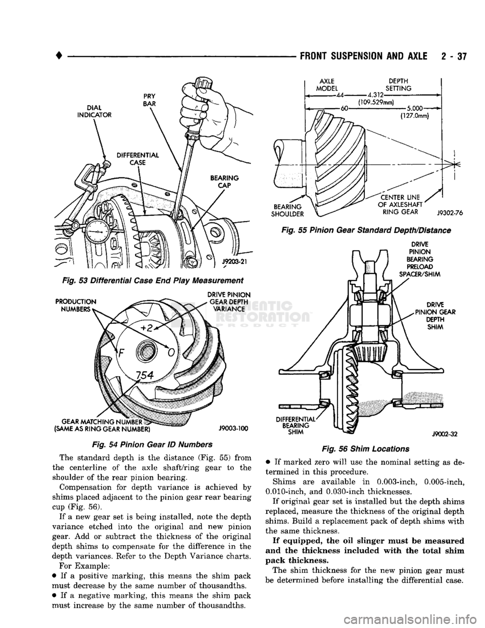 DODGE TRUCK 1993  Service Manual Online 
• 

Fig,
 53
 Differential
 Case
 End Play Measurement 
 DRIVE
 PINION 

Fig.
 54
 Pinion
 Gear ID
 Numbers 
 The standard depth is the distance (Fig. 55) from 
the centerline of the axle shaft/rin