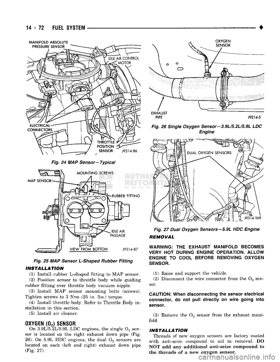 DODGE TRUCK 1993 Service Repair Manual
14
- 72
FUEL
SYSTEM
•
MANIFOLD ABSOLUTE
Fig.
24 MAP
Sensor—
Typical
Fig.
25 MAP
Sensor L-Shaped Rubber
Fitting
INSTALLATION
(1) Install rubber L-shaped fitting to MAP sensor.
DODGE TRUCK 1993 Service Repair Manual
14
- 72
FUEL
SYSTEM
•
MANIFOLD ABSOLUTE
Fig.
24 MAP
Sensor—
Typical
Fig.
25 MAP
Sensor L-Shaped Rubber
Fitting
INSTALLATION
(1) Install rubber L-shaped fitting to MAP sensor.