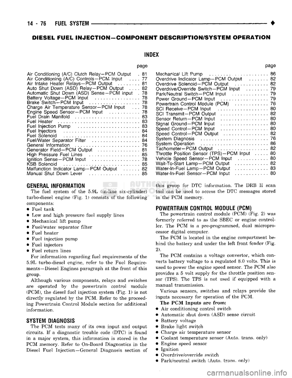 DODGE TRUCK 1993 Service Repair Manual
DIESEL
FUEL
INJECTION—COMPONENT
DESCRIPTION/SYSTEM
OPERATION
NDEX
page
Air
Conditioning (A/C) Clutch
Relay-PCM
Output
. 81
Air
Conditioning (A/C)
Controls-PCM
Input
.... 77
Ai DODGE TRUCK 1993 Service Repair Manual
DIESEL
FUEL
INJECTION—COMPONENT
DESCRIPTION/SYSTEM
OPERATION
NDEX
page
Air
Conditioning (A/C) Clutch
Relay-PCM
Output
. 81
Air
Conditioning (A/C)
Controls-PCM
Input
.... 77
Ai