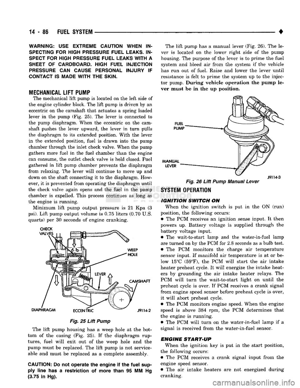 DODGE TRUCK 1993 Service Repair Manual
14-86
FUEL
SYSTEM
WARNING:
USE
EXTREME CAUTION WHEN
IN
SPECTING
FOR
HIGH
PRESSURE
FUEL
LEAKS.
IN
SPECT
FOR
HIGH
PRESSURE
FUEL
LEAKS
WITH
A
SHEET
OF
CARDBOARD. HIGH FUEL DODGE TRUCK 1993 Service Repair Manual
14-86
FUEL
SYSTEM
WARNING:
USE
EXTREME CAUTION WHEN
IN
SPECTING
FOR
HIGH
PRESSURE
FUEL
LEAKS.
IN
SPECT
FOR
HIGH
PRESSURE
FUEL
LEAKS
WITH
A
SHEET
OF
CARDBOARD. HIGH FUEL