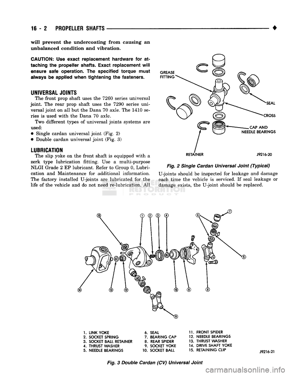 DODGE TRUCK 1993 Service Repair Manual
16-2
PROPELLER SHAFTS
• will prevent the undercoating from causing an
unbalanced condition and vibration.
CAUTION: Use exact replacement
hardware
for at
taching
the
propeller
shafts.
DODGE TRUCK 1993 Service Repair Manual
16-2
PROPELLER SHAFTS
• will prevent the undercoating from causing an
unbalanced condition and vibration.
CAUTION: Use exact replacement
hardware
for at
taching
the
propeller
shafts.