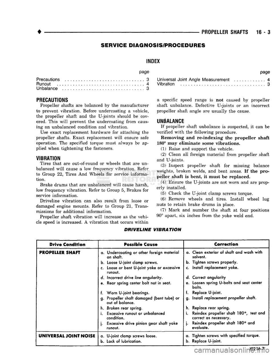 DODGE TRUCK 1993 Service Repair Manual
•
PROPELLER SHAFTS
16 - 3
SERVICE
DIAGNOSIS/PROCEDURES
INDEX
page page
Precautions . 3 Universal
Joint
Angle Measurement ............ 4
Runout
4
Vibration
3
Unbalance
3
PRECA DODGE TRUCK 1993 Service Repair Manual
•
PROPELLER SHAFTS
16 - 3
SERVICE
DIAGNOSIS/PROCEDURES
INDEX
page page
Precautions . 3 Universal
Joint
Angle Measurement ............ 4
Runout
4
Vibration
3
Unbalance
3
PRECA