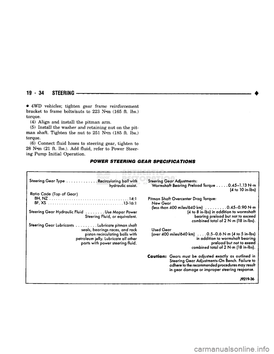 DODGE TRUCK 1993 Service Repair Manual
19
- 34
STEERING
• •
4WD vehicles; tighten gear frame reinforcement
bracket to frame bolts/nuts to 223 N-m (165 ft. lbs.)
torque.
(4) Align and install the pitman arm.
(5) Install the wa DODGE TRUCK 1993 Service Repair Manual
19
- 34
STEERING
• •
4WD vehicles; tighten gear frame reinforcement
bracket to frame bolts/nuts to 223 N-m (165 ft. lbs.)
torque.
(4) Align and install the pitman arm.
(5) Install the wa
