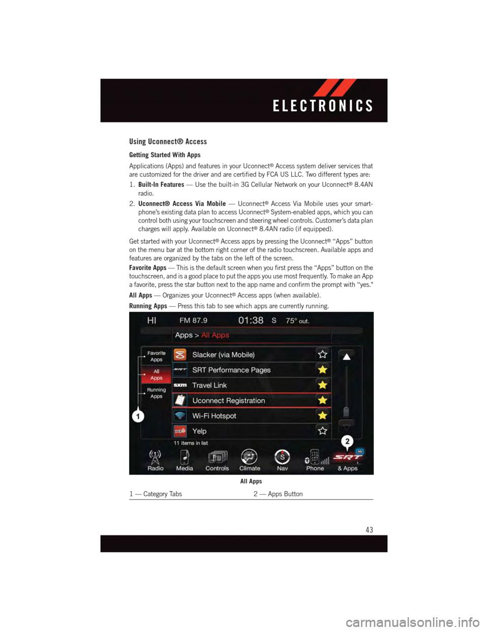 DODGE VIPER 2015 VX / 3.G Service Manual Using Uconnect® Access
Getting Started With Apps
Applications (Apps) and features in your Uconnect®Access system deliver services that
are customized for the driver and are certified by FCA US LLC. DODGE VIPER 2015 VX / 3.G Service Manual Using Uconnect® Access
Getting Started With Apps
Applications (Apps) and features in your Uconnect®Access system deliver services that
are customized for the driver and are certified by FCA US LLC.