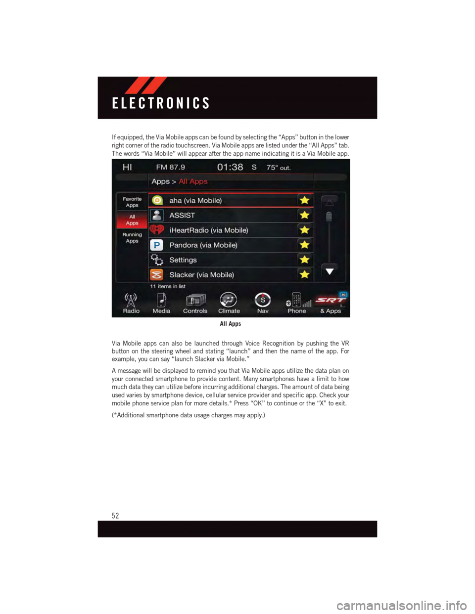 DODGE VIPER 2015 VX / 3.G Workshop Manual If equipped, the Via Mobile apps can be found by selecting the “Apps” button in the lower
right corner of the radio touchscreen. Via Mobile apps are listed under the “All Apps” tab.
The words DODGE VIPER 2015 VX / 3.G Workshop Manual If equipped, the Via Mobile apps can be found by selecting the “Apps” button in the lower
right corner of the radio touchscreen. Via Mobile apps are listed under the “All Apps” tab.
The words