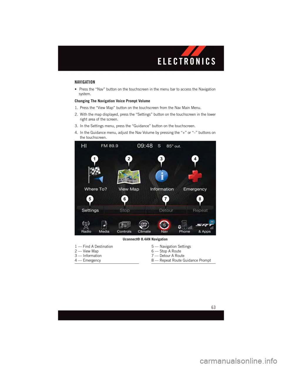 DODGE VIPER 2015 VX / 3.G User Guide NAVIGATION
•Pressthe“Nav”buttononthetouchscreeninthemenubartoaccesstheNavigation
system.
Changing The Navigation Voice Prompt Volume
1. Press the “View Map” button on the touchscreen from th DODGE VIPER 2015 VX / 3.G User Guide NAVIGATION
•Pressthe“Nav”buttononthetouchscreeninthemenubartoaccesstheNavigation
system.
Changing The Navigation Voice Prompt Volume
1. Press the “View Map” button on the touchscreen from th
