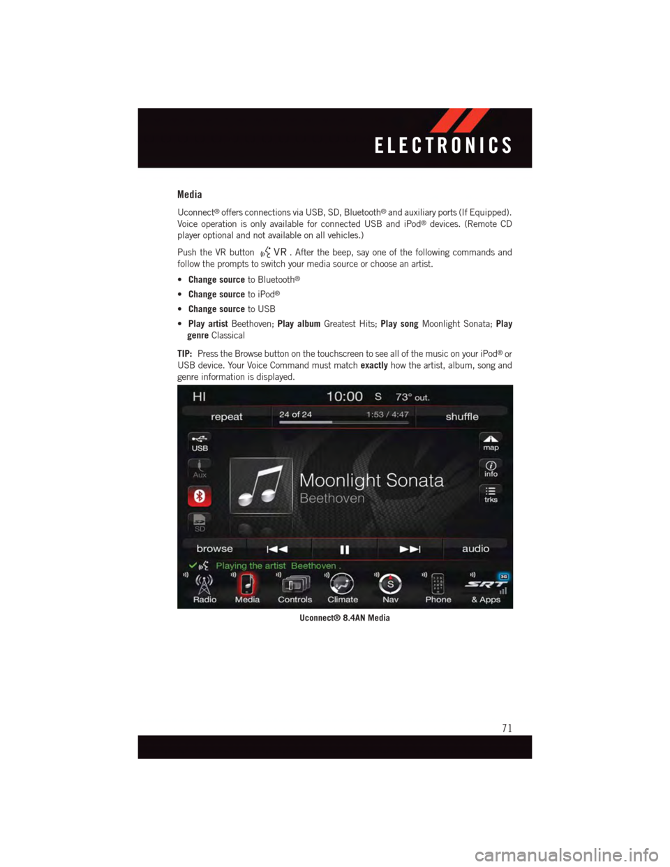 DODGE VIPER 2015 VX / 3.G User Guide Media
Uconnect®offers connections via USB, SD, Bluetooth®and auxiliary ports (If Equipped).
Voice operation is only available for connected USB and iPod®devices. (Remote CD
player optional and not DODGE VIPER 2015 VX / 3.G User Guide Media
Uconnect®offers connections via USB, SD, Bluetooth®and auxiliary ports (If Equipped).
Voice operation is only available for connected USB and iPod®devices. (Remote CD
player optional and not