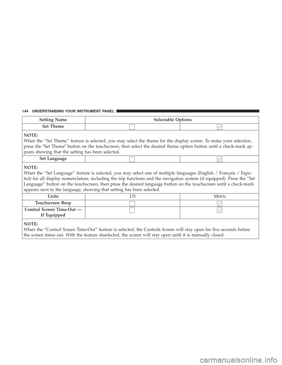 DODGE VIPER 2017 VX / 3.G Owners Manual Setting NameSelectable Options
Set Theme
NOTE:
When the “Set Theme” feature is selected, you may select the theme for the display screen. To make your selection,
press the Set Theme button on th