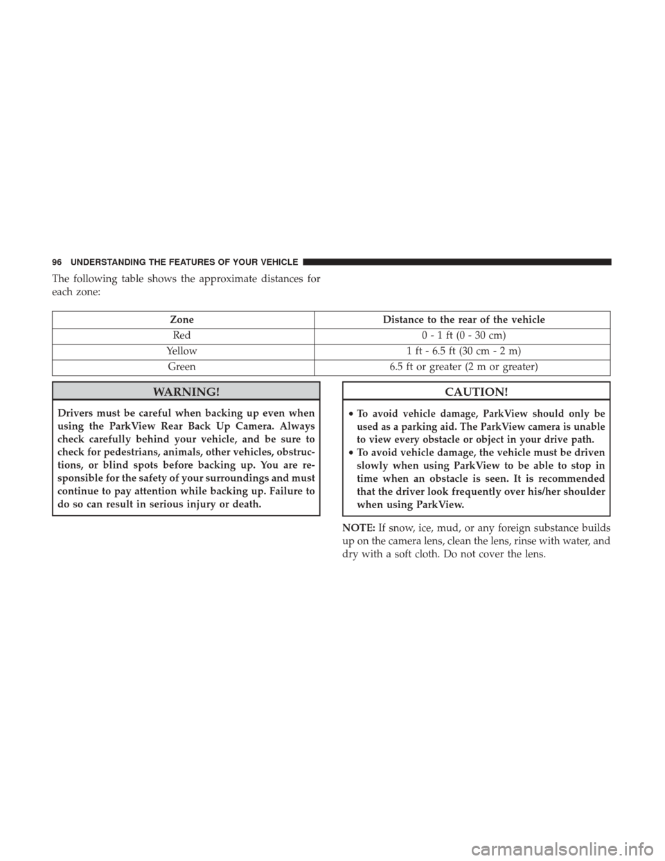DODGE VIPER 2017 VX / 3.G Owners Manual The following table shows the approximate distances for
each zone:
ZoneDistance to the rear of the vehicle
Red 0 - 1 ft (0 - 30 cm)
Yellow 1 ft - 6.5 ft (30 cm - 2 m)
Green 6.5 ft or greater (2 m or g