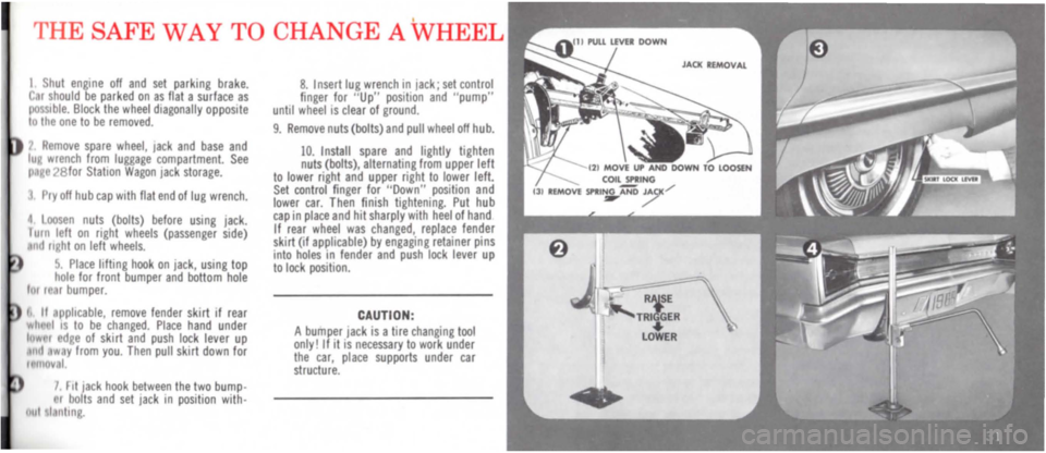 DODGE POLARA 1965 3.G Owners Manual THE SAFE WAY TO CHANGE A WHEEL 
I Shut engine off and set parking brake. C. r should be parked on as flat a surface as possible. Block the wheel diagonally opposite to the one to be removed. 
7 R move