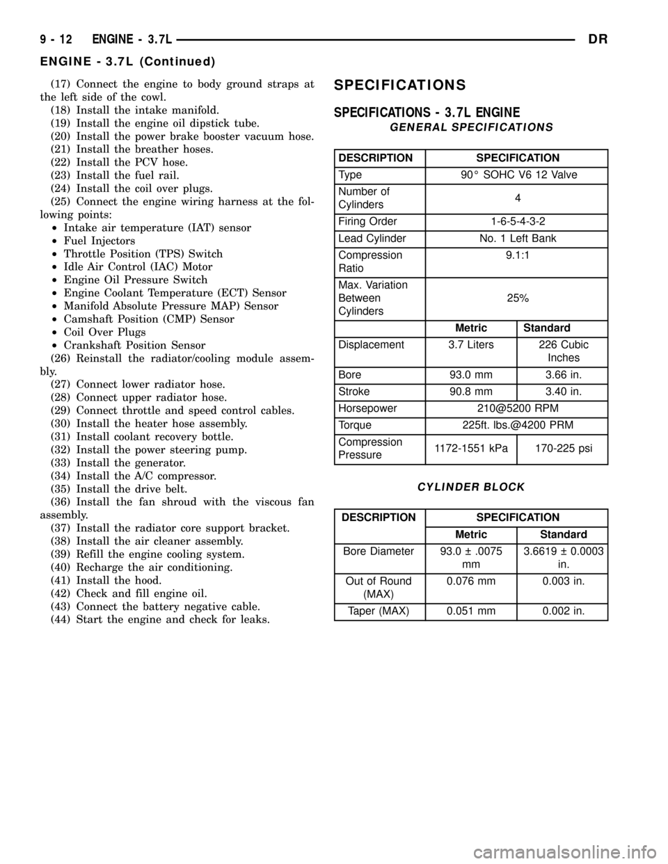 DODGE RAM 1500 1998 2.G Service Manual (17) Connect the engine to body ground straps at
the left side of the cowl.
(18) Install the intake manifold.
(19) Install the engine oil dipstick tube.
(20) Install the power brake booster vacuum hos