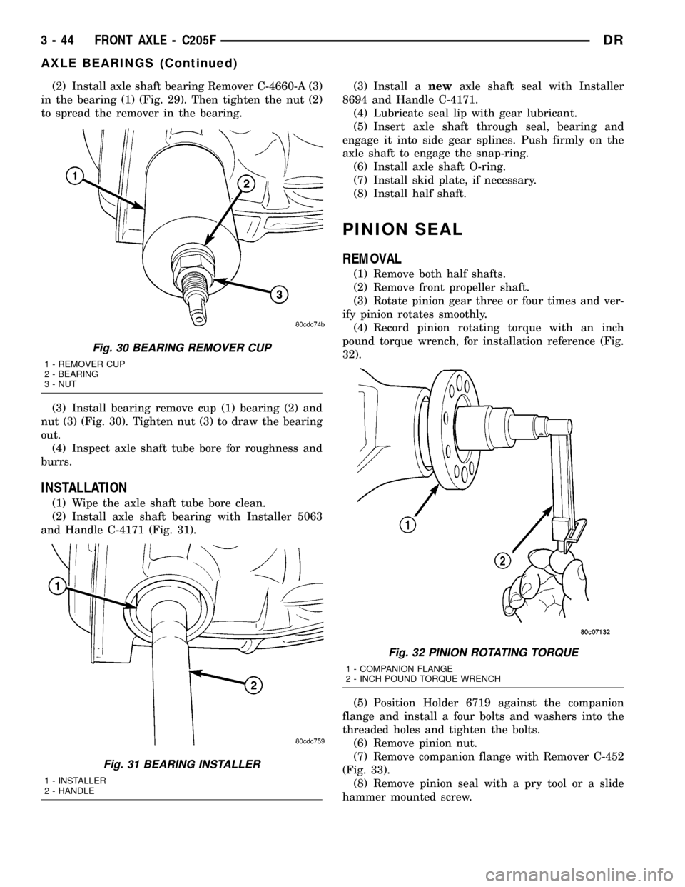 DODGE RAM 1500 1998 2.G Workshop Manual (2) Install axle shaft bearing Remover C-4660-A (3)
in the bearing (1) (Fig. 29). Then tighten the nut (2)
to spread the remover in the bearing.
(3) Install bearing remove cup (1) bearing (2) and
nut DODGE RAM 1500 1998 2.G Workshop Manual (2) Install axle shaft bearing Remover C-4660-A (3)
in the bearing (1) (Fig. 29). Then tighten the nut (2)
to spread the remover in the bearing.
(3) Install bearing remove cup (1) bearing (2) and
nut
