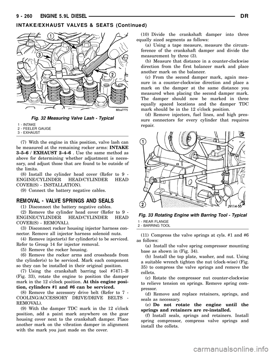 DODGE RAM 1500 1998 2.G Repair Manual (7) With the engine in this position, valve lash can
be measured at the remaining rocker arms:INTAKE
3±5±6 / EXHAUST 2±4±6. Use the same method as
above for determining whether adjustment is neces DODGE RAM 1500 1998 2.G Repair Manual (7) With the engine in this position, valve lash can
be measured at the remaining rocker arms:INTAKE
3±5±6 / EXHAUST 2±4±6. Use the same method as
above for determining whether adjustment is neces