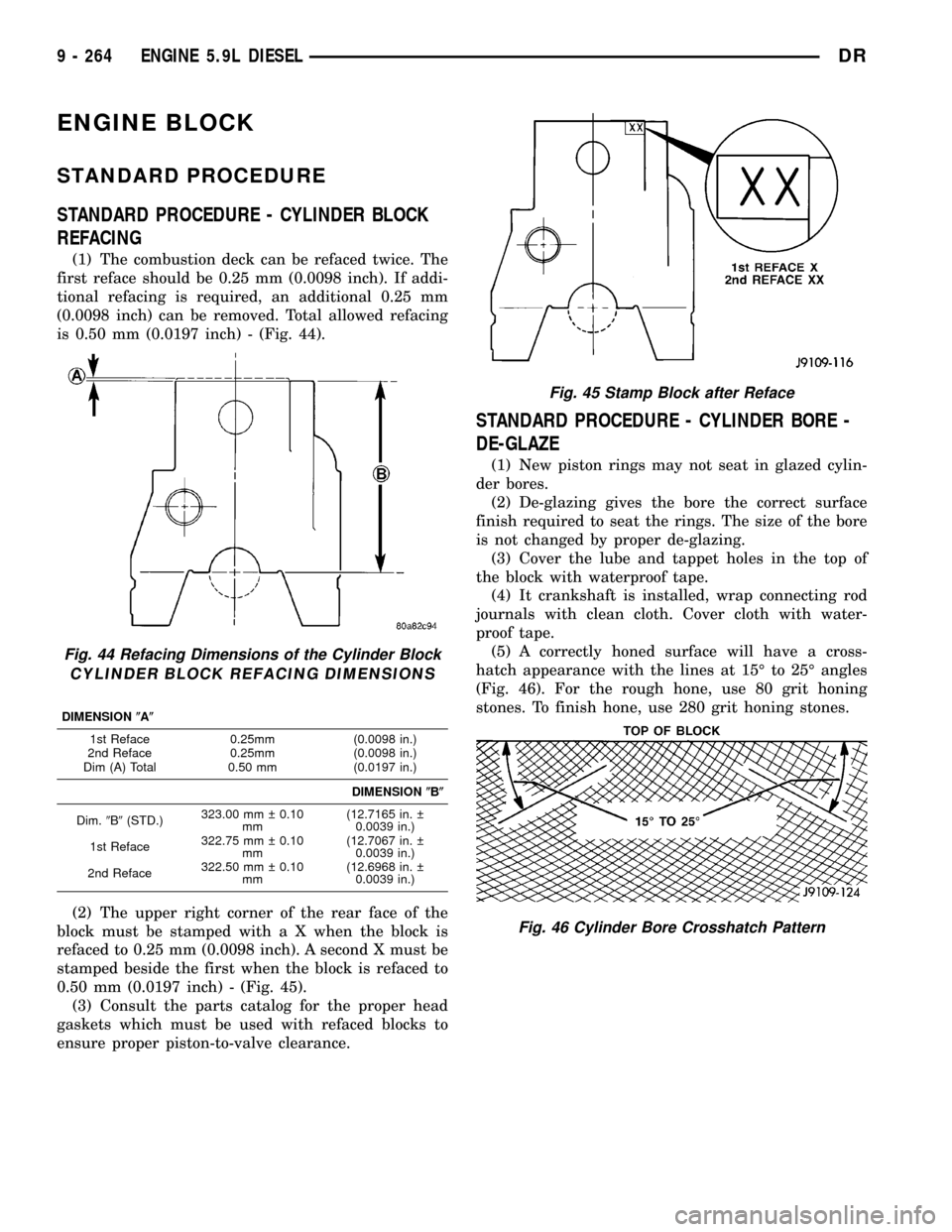 DODGE RAM 1500 1998 2.G Workshop Manual ENGINE BLOCK
STANDARD PROCEDURE
STANDARD PROCEDURE - CYLINDER BLOCK
REFACING
(1) The combustion deck can be refaced twice. The
first reface should be 0.25 mm (0.0098 inch). If addi-
tional refacing is