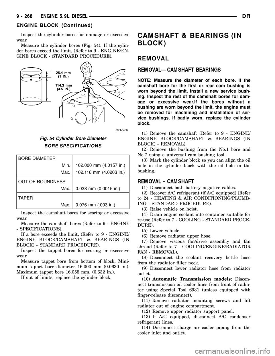 DODGE RAM 1500 1998 2.G Manual Online Inspect the cylinder bores for damage or excessive
wear.
Measure the cylinder bores (Fig. 54). If the cylin-
der bores exceed the limit, (Refer to 9 - ENGINE/EN-
GINE BLOCK - STANDARD PROCEDURE).
BORE DODGE RAM 1500 1998 2.G Manual Online Inspect the cylinder bores for damage or excessive
wear.
Measure the cylinder bores (Fig. 54). If the cylin-
der bores exceed the limit, (Refer to 9 - ENGINE/EN-
GINE BLOCK - STANDARD PROCEDURE).
BORE