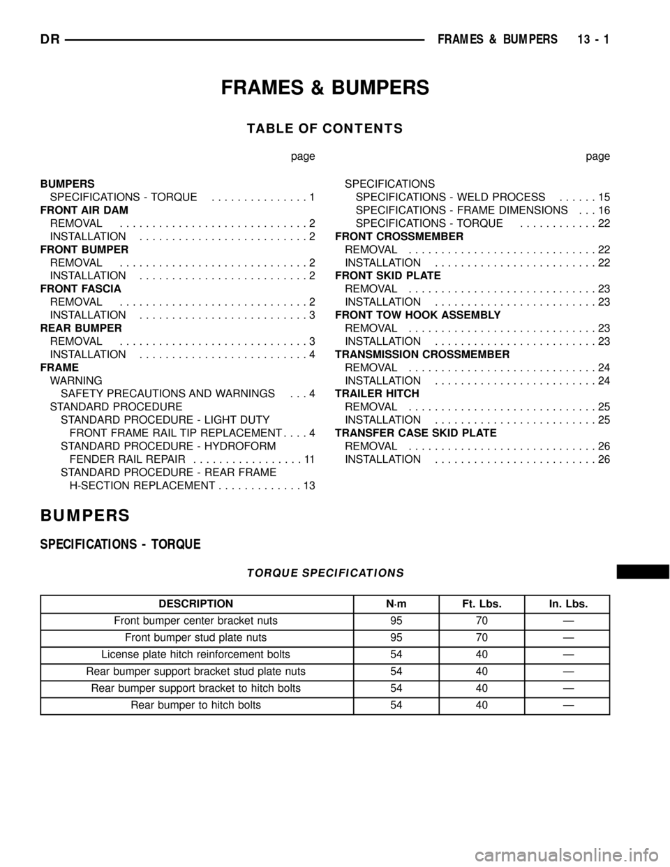 DODGE RAM 1500 1998 2.G User Guide FRAMES & BUMPERS
TABLE OF CONTENTS
page page
BUMPERS
SPECIFICATIONS - TORQUE...............1
FRONT AIR DAM
REMOVAL.............................2
INSTALLATION..........................2
FRONT BUMPER
RE