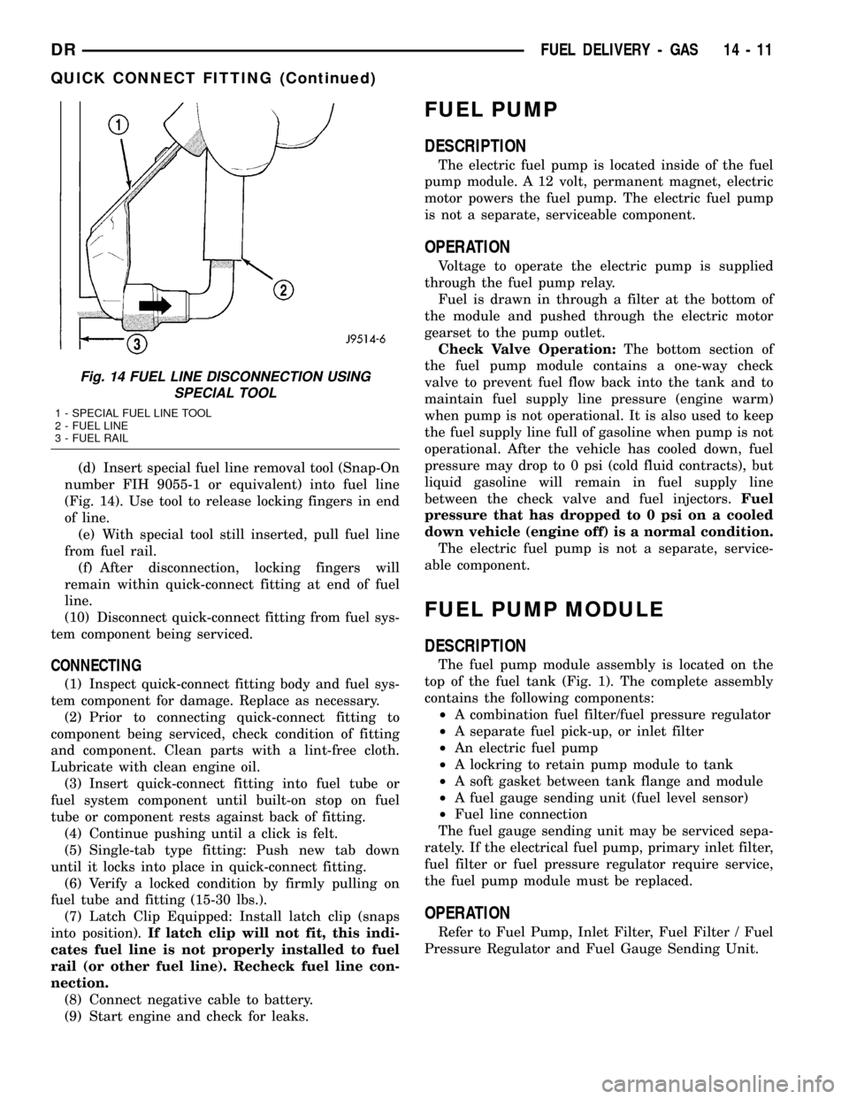 DODGE RAM 1500 1998 2.G Owners Guide (d) Insert special fuel line removal tool (Snap-On
number FIH 9055-1 or equivalent) into fuel line
(Fig. 14). Use tool to release locking fingers in end
of line.
(e) With special tool still inserted, 