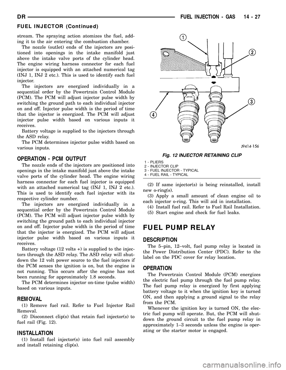 DODGE RAM 1500 1998 2.G User Guide stream. The spraying action atomizes the fuel, add-
ing it to the air entering the combustion chamber.
The nozzle (outlet) ends of the injectors are posi-
tioned into openings in the intake manifold j