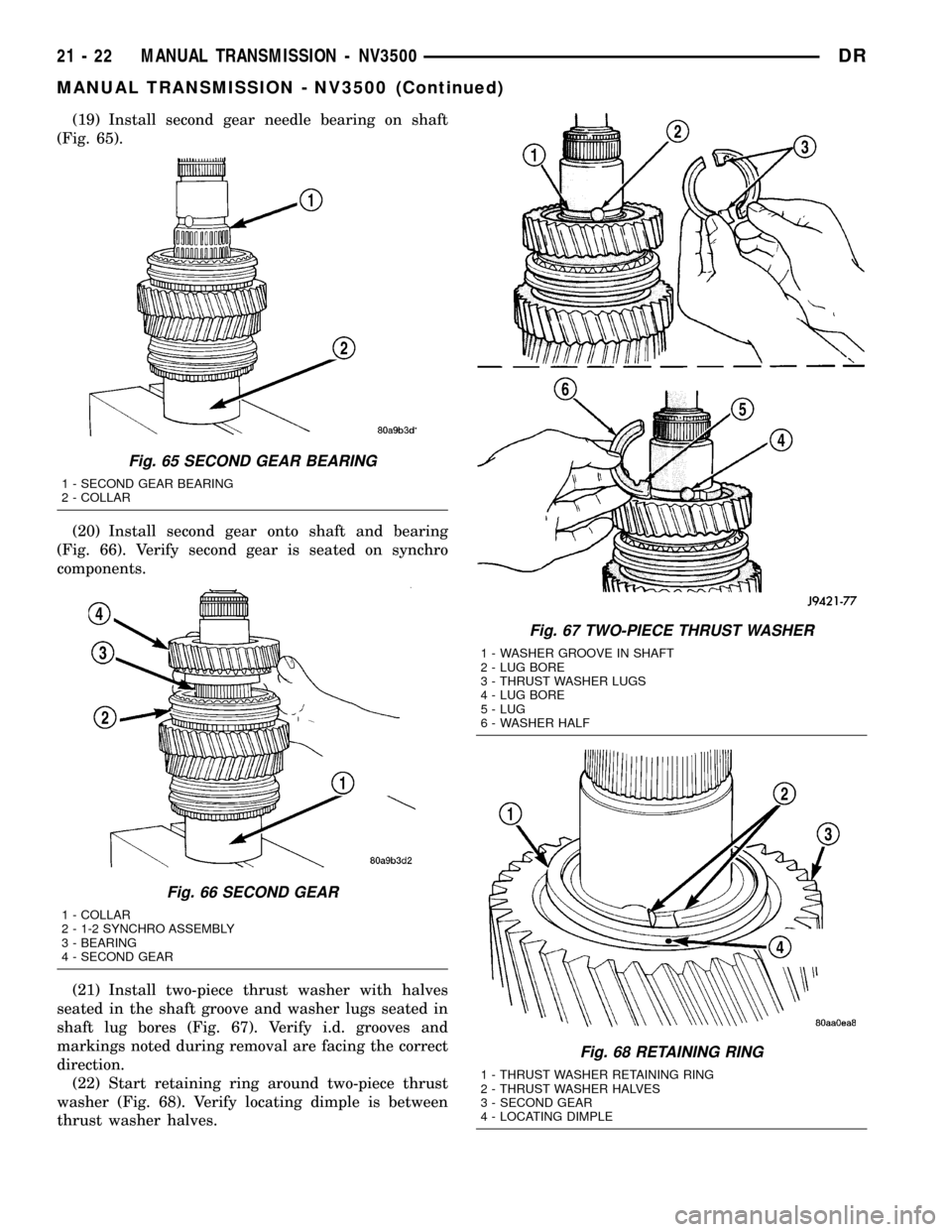 DODGE RAM 1500 1998 2.G Workshop Manual (19) Install second gear needle bearing on shaft
(Fig. 65).
(20) Install second gear onto shaft and bearing
(Fig. 66). Verify second gear is seated on synchro
components.
(21) Install two-piece thrust