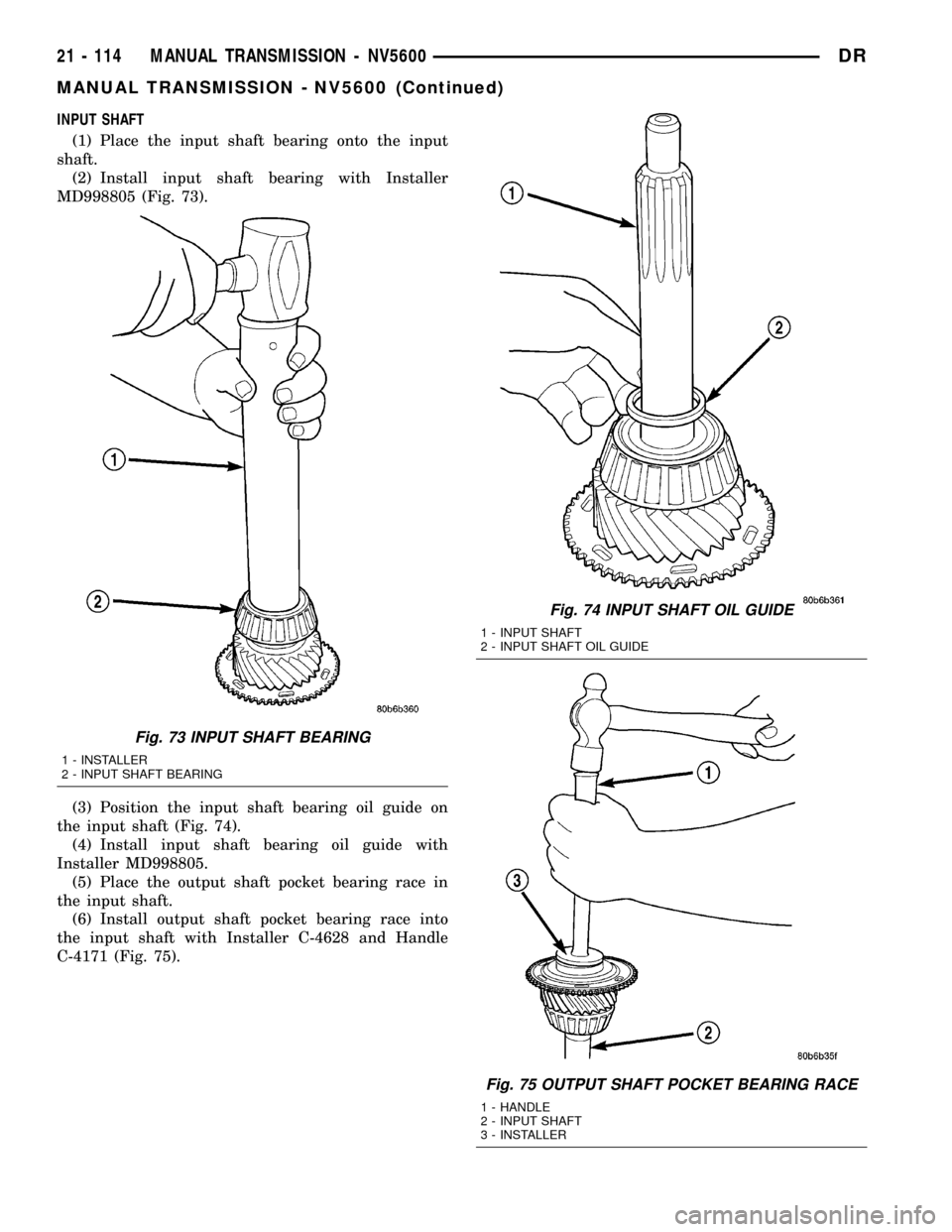 DODGE RAM 1500 1998 2.G Workshop Manual INPUT SHAFT
(1) Place the input shaft bearing onto the input
shaft.
(2) Install input shaft bearing with Installer
MD998805 (Fig. 73).
(3) Position the input shaft bearing oil guide on
the input shaft