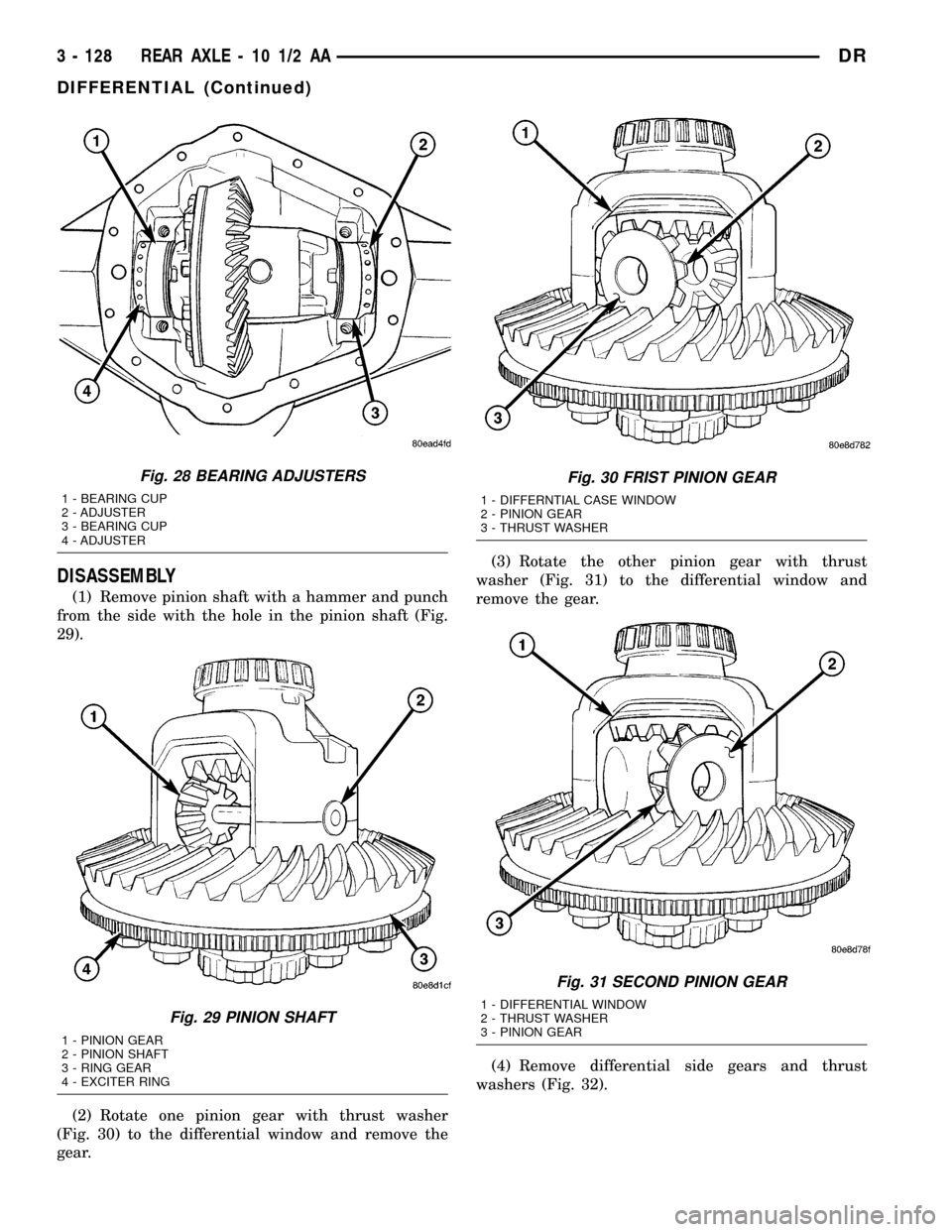 DODGE RAM 1500 1998 2.G Workshop Manual DISASSEMBLY
(1) Remove pinion shaft with a hammer and punch
from the side with the hole in the pinion shaft (Fig.
29).
(2) Rotate one pinion gear with thrust washer
(Fig. 30) to the differential windo