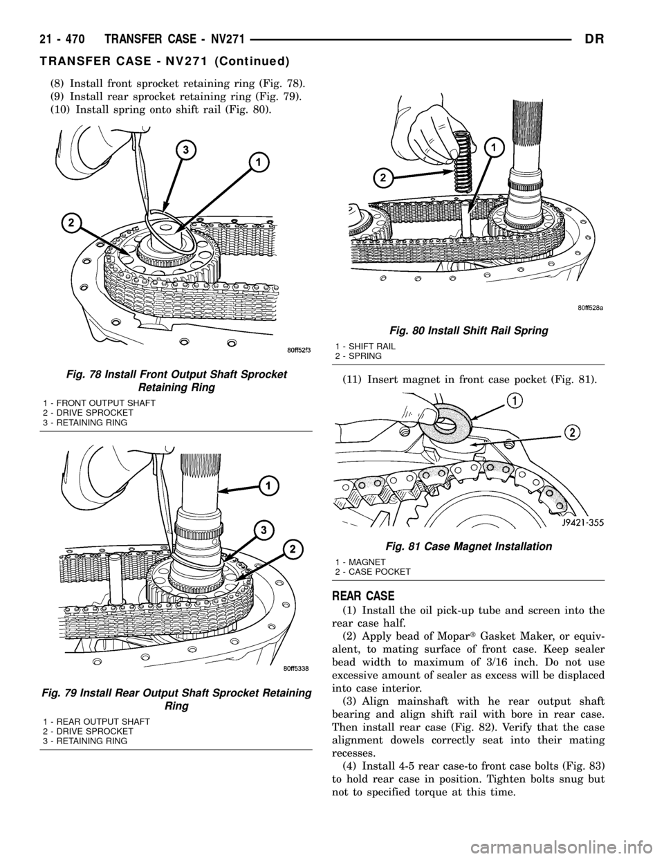 DODGE RAM 1500 1998 2.G Service Manual (8) Install front sprocket retaining ring (Fig. 78).
(9) Install rear sprocket retaining ring (Fig. 79).
(10) Install spring onto shift rail (Fig. 80).
(11) Insert magnet in front case pocket (Fig. 81