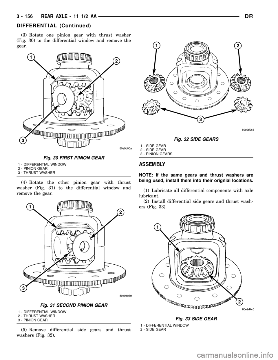 DODGE RAM 1500 1998 2.G Workshop Manual (3) Rotate one pinion gear with thrust washer
(Fig. 30) to the differential window and remove the
gear.
(4) Rotate the other pinion gear with thrust
washer (Fig. 31) to the differential window and
rem