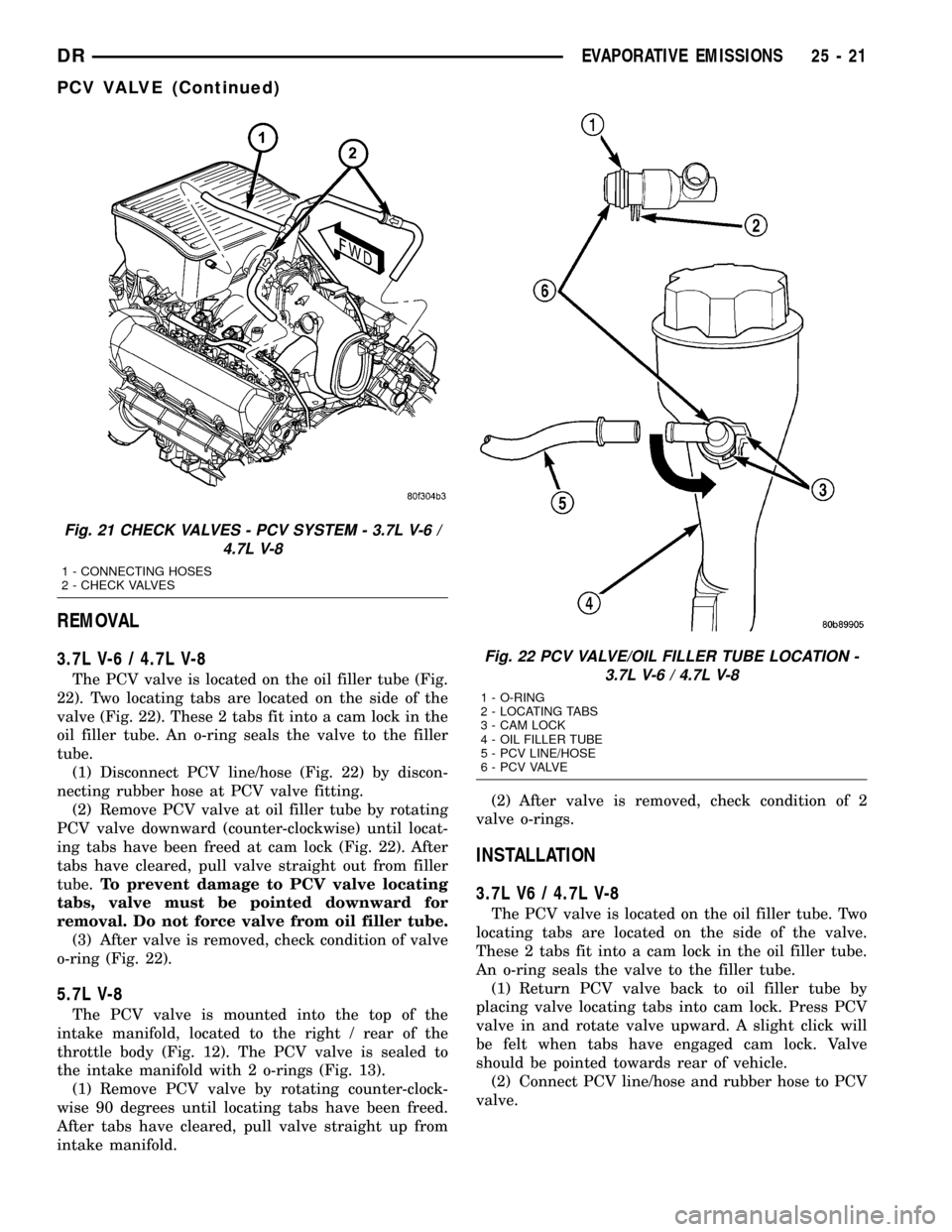 DODGE RAM 1500 1998 2.G Workshop Manual REMOVAL
3.7L V-6 / 4.7L V-8
The PCV valve is located on the oil filler tube (Fig.
22). Two locating tabs are located on the side of the
valve (Fig. 22). These 2 tabs fit into a cam lock in the
oil fil