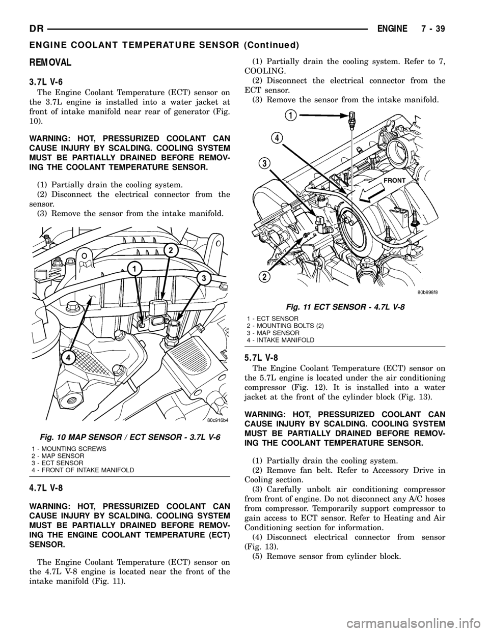 DODGE RAM 1500 1998 2.G Owners Manual REMOVAL
3.7L V-6
The Engine Coolant Temperature (ECT) sensor on
the 3.7L engine is installed into a water jacket at
front of intake manifold near rear of generator (Fig.
10).
WARNING: HOT, PRESSURIZED