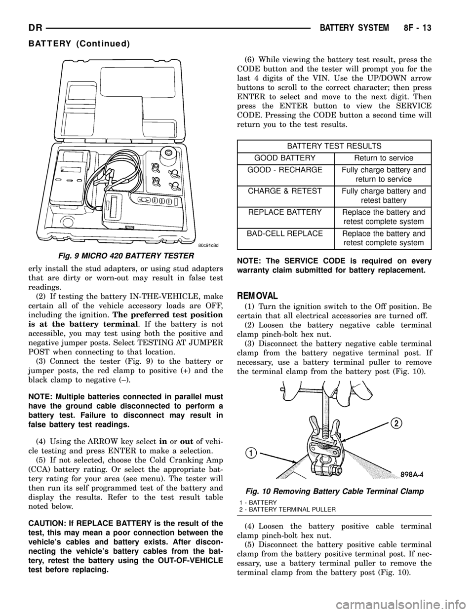 DODGE RAM 1500 1998 2.G Service Manual erly install the stud adapters, or using stud adapters
that are dirty or worn-out may result in false test
readings.
(2) If testing the battery IN-THE-VEHICLE, make
certain all of the vehicle accessor DODGE RAM 1500 1998 2.G Service Manual erly install the stud adapters, or using stud adapters
that are dirty or worn-out may result in false test
readings.
(2) If testing the battery IN-THE-VEHICLE, make
certain all of the vehicle accessor