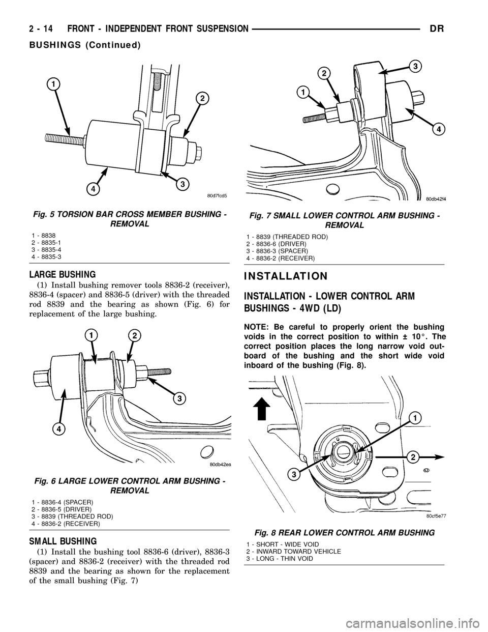 DODGE RAM 1500 1998 2.G Workshop Manual LARGE BUSHING
(1) Install bushing remover tools 8836-2 (receiver),
8836-4 (spacer) and 8836-5 (driver) with the threaded
rod 8839 and the bearing as shown (Fig. 6) for
replacement of the large bushing DODGE RAM 1500 1998 2.G Workshop Manual LARGE BUSHING
(1) Install bushing remover tools 8836-2 (receiver),
8836-4 (spacer) and 8836-5 (driver) with the threaded
rod 8839 and the bearing as shown (Fig. 6) for
replacement of the large bushing