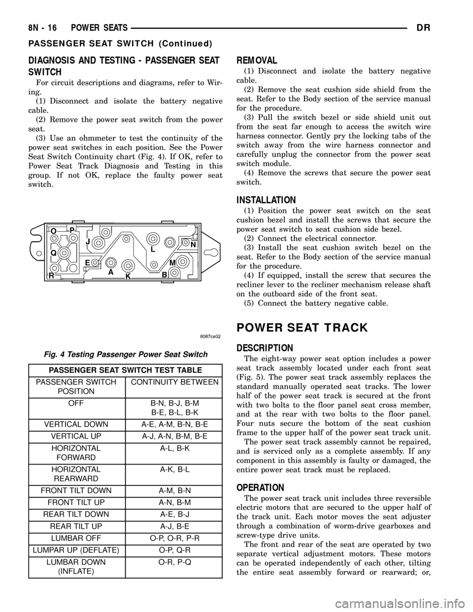 DODGE RAM 1500 1998 2.G Workshop Manual DIAGNOSIS AND TESTING - PASSENGER SEAT
SWITCH
For circuit descriptions and diagrams, refer to Wir-
ing.
(1) Disconnect and isolate the battery negative
cable.
(2) Remove the power seat switch from the