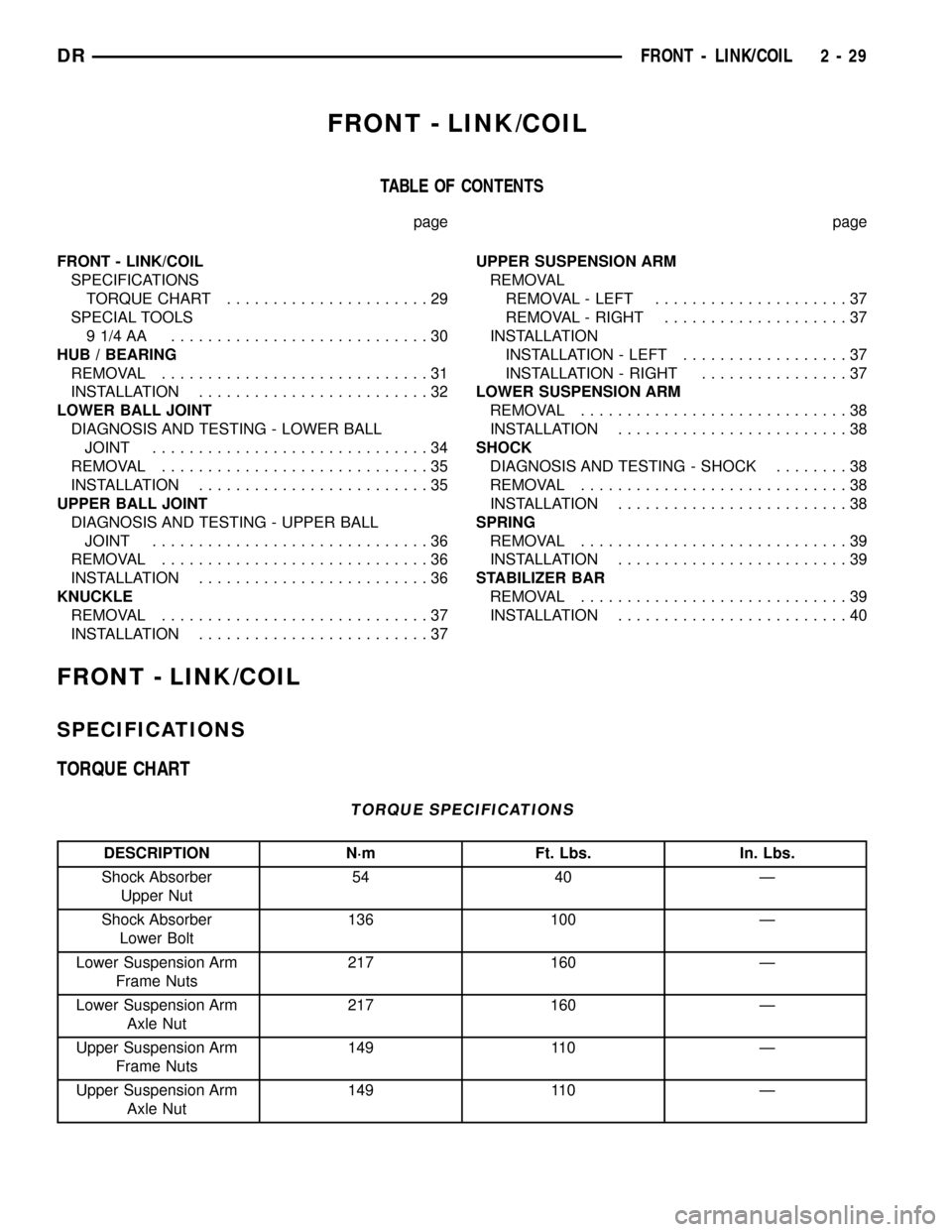 DODGE RAM 1500 1998 2.G Repair Manual FRONT - LINK/COIL
TABLE OF CONTENTS
page page
FRONT - LINK/COIL
SPECIFICATIONS
TORQUE CHART......................29
SPECIAL TOOLS
91/4AA ............................30
HUB / BEARING
REMOVAL...........