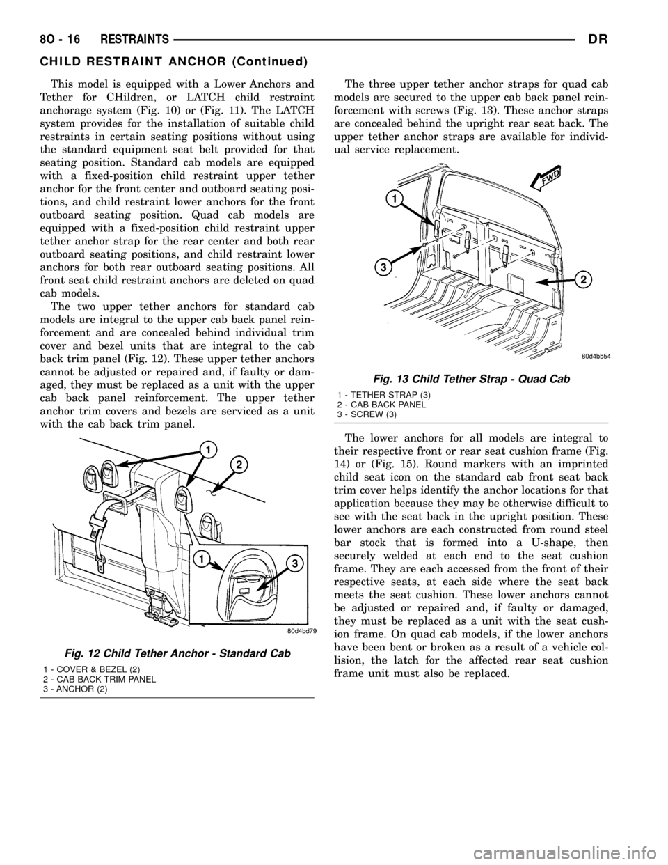 DODGE RAM 1500 1998 2.G Service Manual This model is equipped with a Lower Anchors and
Tether for CHildren, or LATCH child restraint
anchorage system (Fig. 10) or (Fig. 11). The LATCH
system provides for the installation of suitable child
